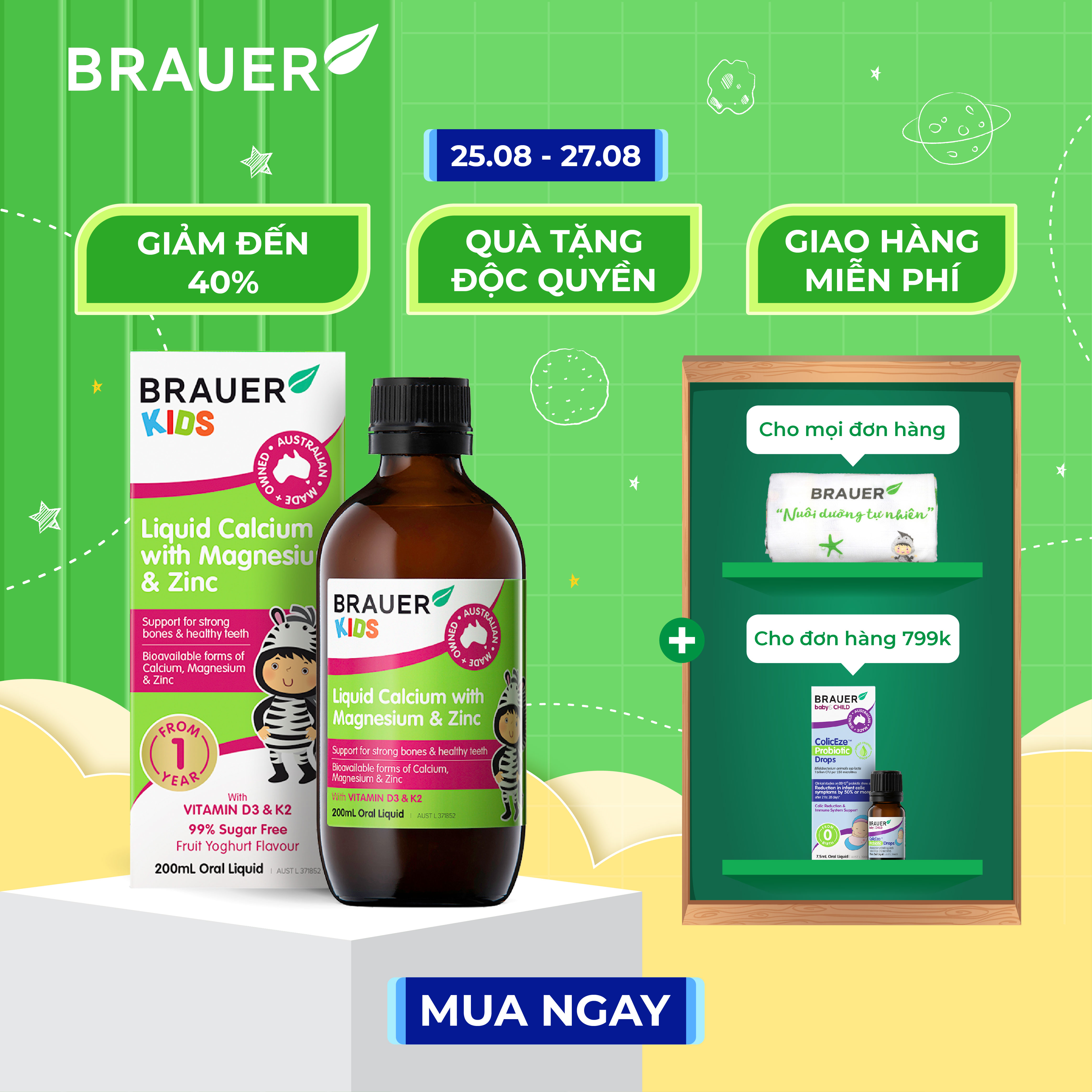 Siro brauer calcium with magnesium & zinc - hỗn hợp vitamin canxi, magie và kẽm cho trẻ từ 1 tuổi