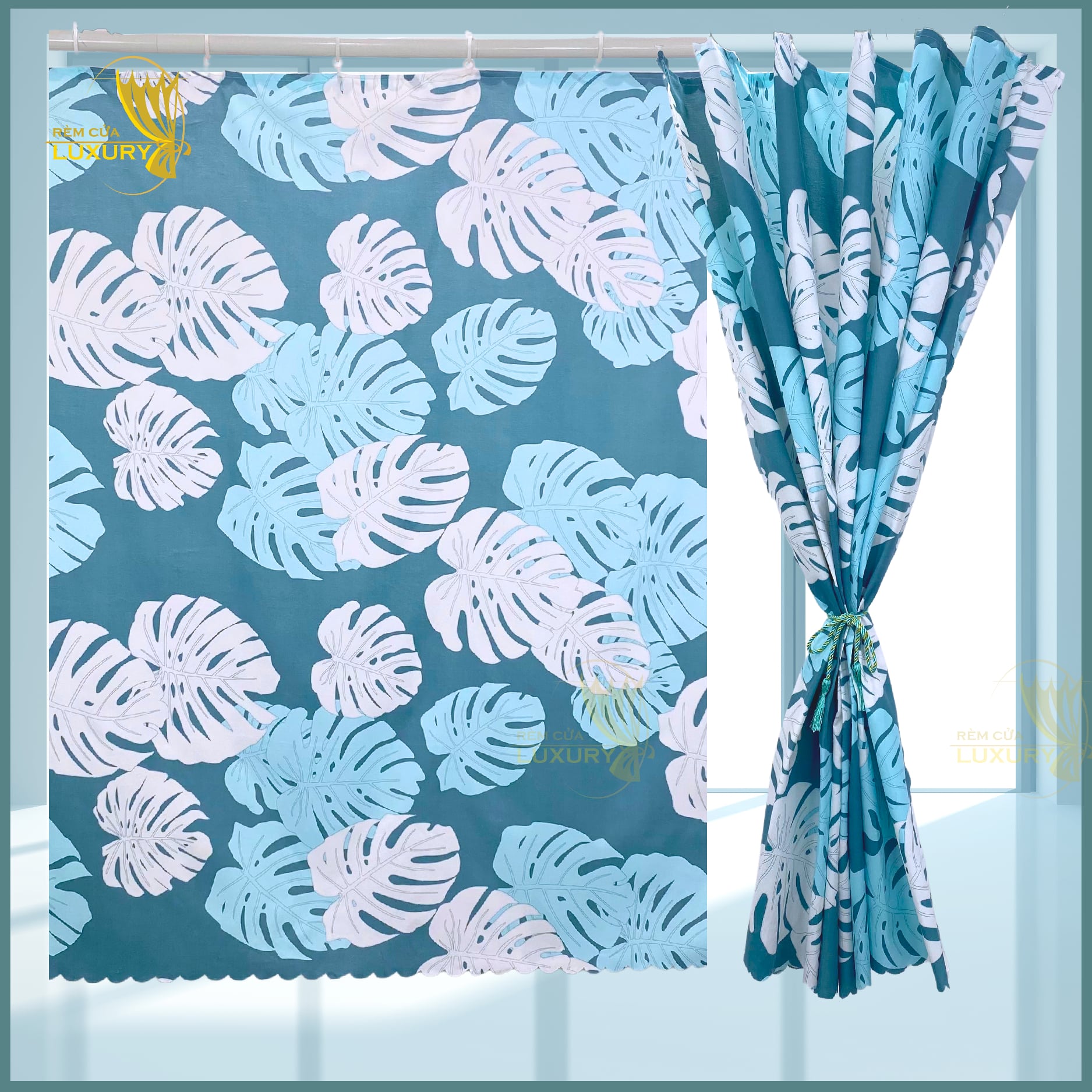  Rèm cửa RIDO LÁ KHOAI họa tiết ngăn phòng gác trọ decor phòng tặng kèm móc và dây treo RD05 Remcualuxury 