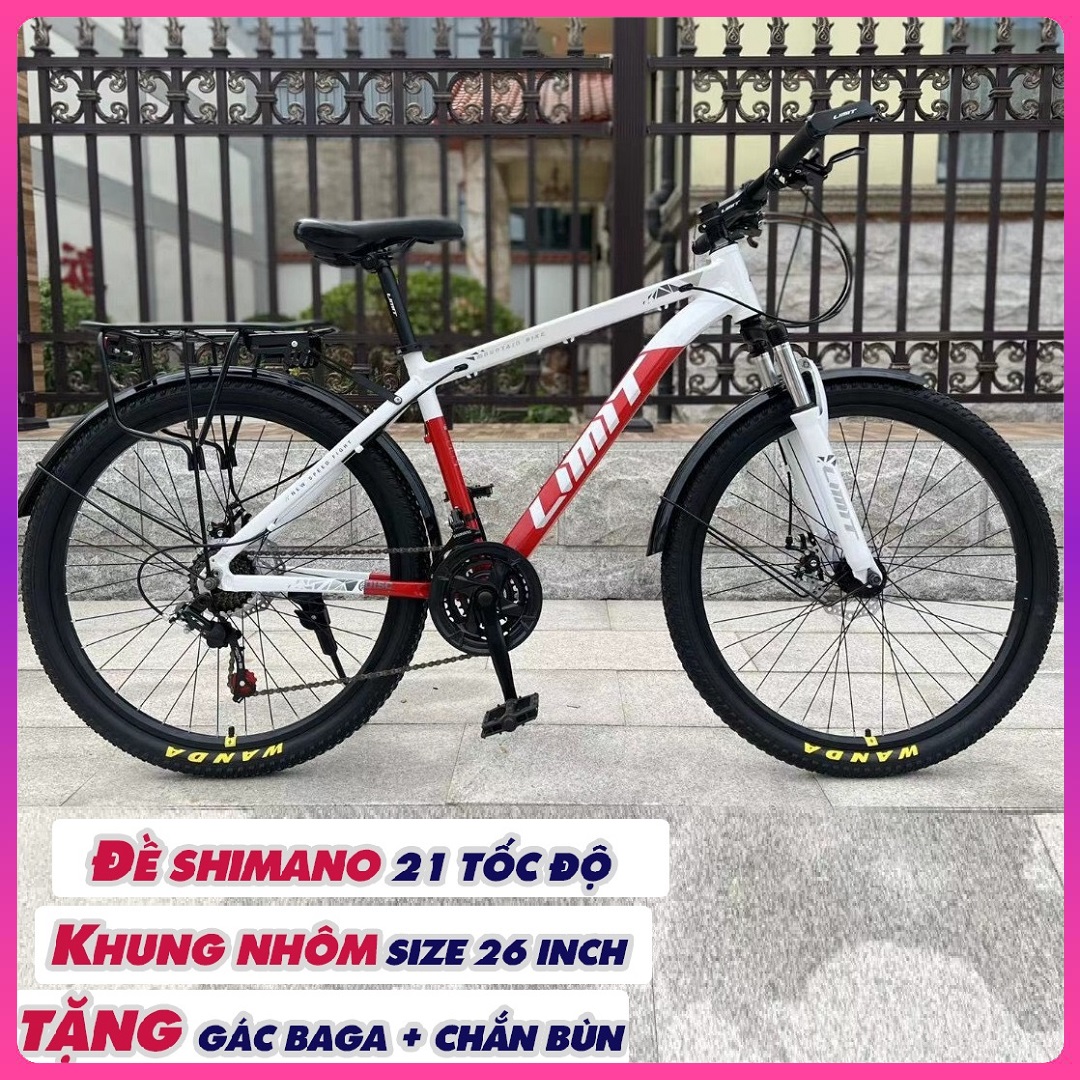 Xe đạp thể thao khung nhôm limit size 26 inch có chắn bùn và gác baga + bộ đề shimano 21 tốc độ. dành cho người từ 1m5-1m8