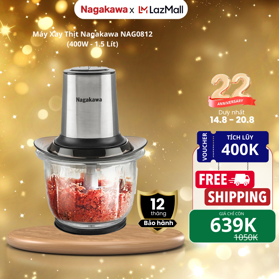 Máy xay thịt Nagakawa NAG0812, cối thủy tinh 1.5L, 2 chế độ xay, công suất 400W, lưỡi dao inox 304, đáy silicon chống trượt, bảo hành 12 tháng