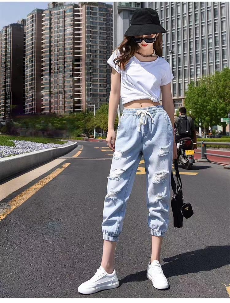 Quần jeans lửng nữ rách lưng cao siêu xinh
