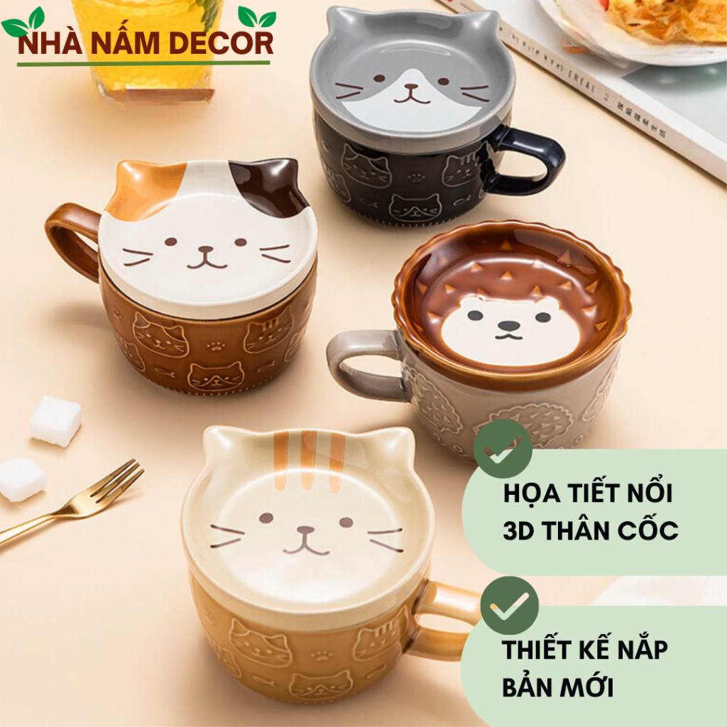 Cốc có nắp, cốc mèo, tách sứ đáng yêu, ly sứ dễ thương bỏ lò vi sóng