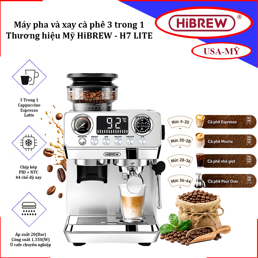 Máy Pha Và Xay Cafe HiBREW H7 LITE - Espresso Cappuccino Latte, 44 Mức Xay, Hàng Chính Hãng. BH 1 NĂM