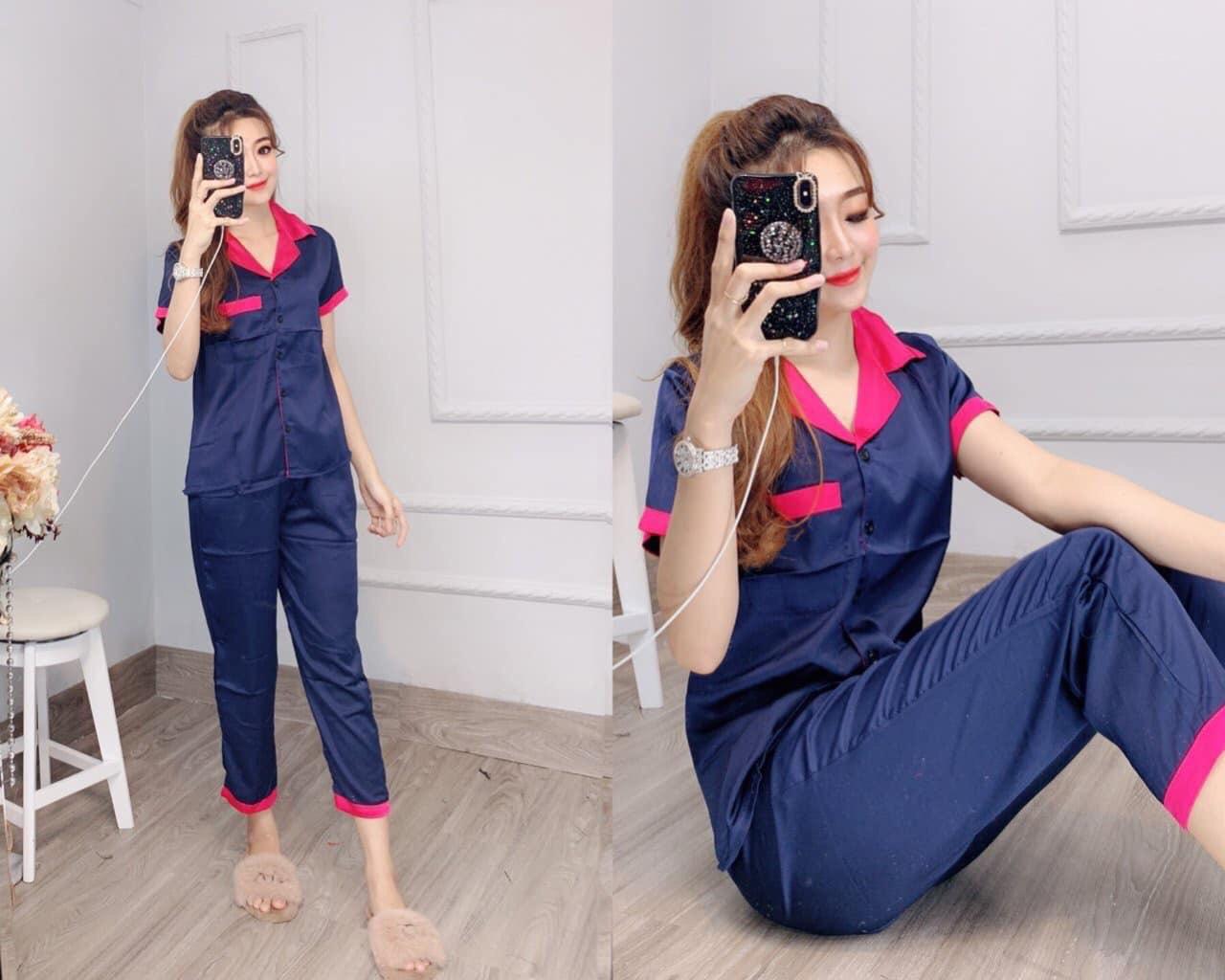 Sét bộ phi bóng quần dài tay ngắn phối màu vải phi bóng lụa loại 1 dày mát và thời trang tay mạc thoái mái lun nha