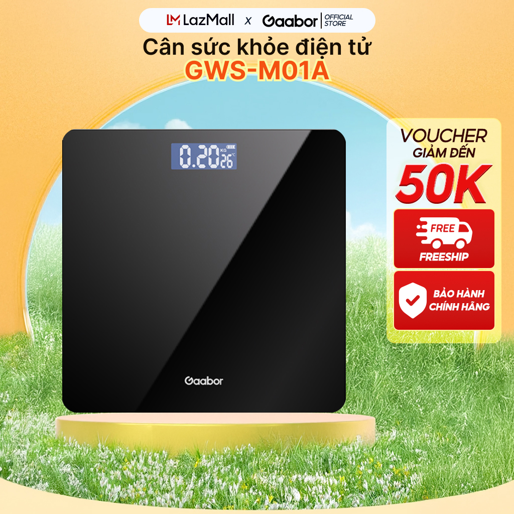 Cân sức khỏe điện tử Gaabor GWS-M01A - Kính cường lực, màn hình LED, sạc USB, màu đen bóng