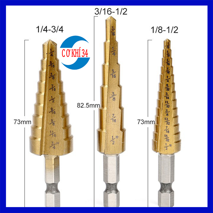 Bộ 3 mũi khoan lỗ đa năng tháp nón bộ 3 mũi khoan tháp tầng bước titanium 3.17-19mm khoan sắt,tôn..