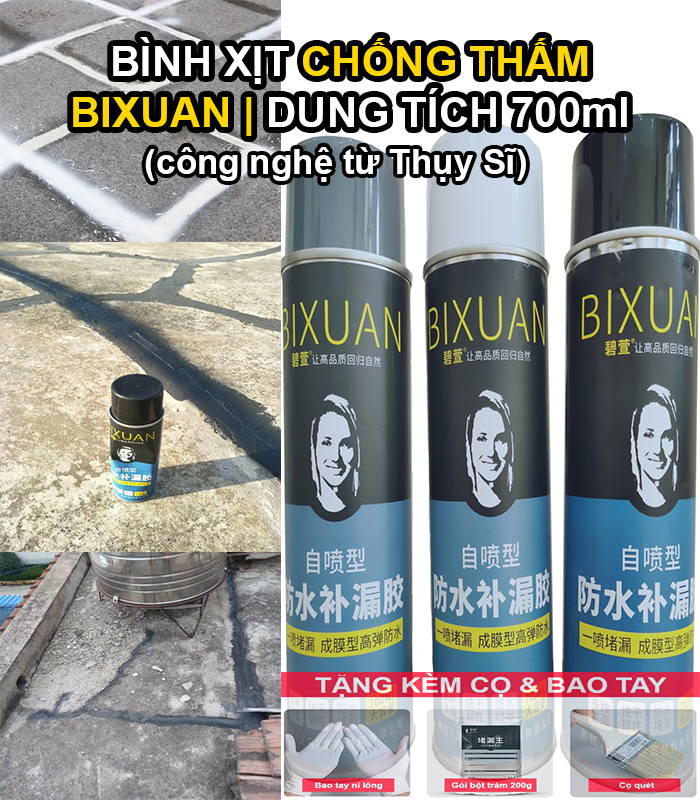 700ml - Bình xịt sơn chống thấm sân thượng Bixuan dung tích lớn, chống thấm đa năng nền nhà, sơn chống thấm ngoài trời, chống thấm sàn, chống thấm bể cá, sơn chống thấm nhà bếp, sơn chống thấm mái nhà, chống thấm bê tông