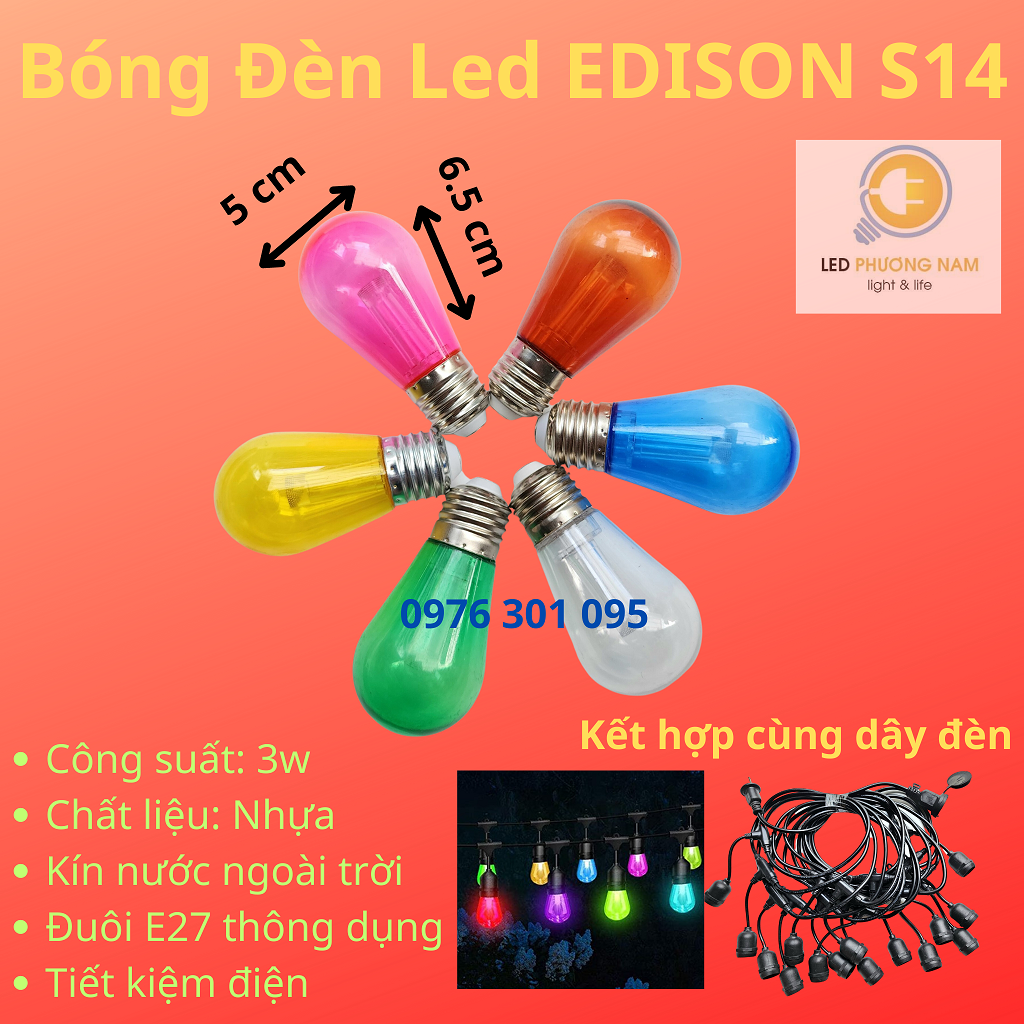 Bóng đèn led edison s14 nhiều màu e27 chống nước, 3w siêu sáng