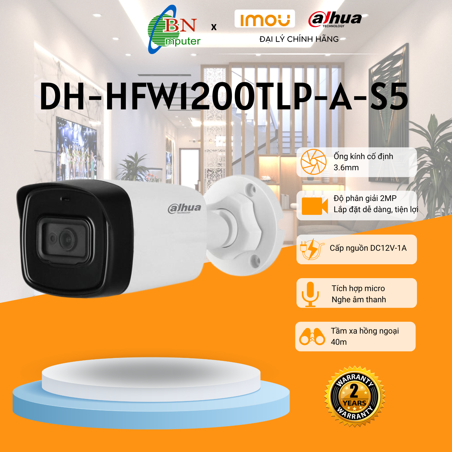Camera analog DH-HAC-HFW 1200TLP-A 2.0MP, camera thân có mic, bảo hành 24 tháng