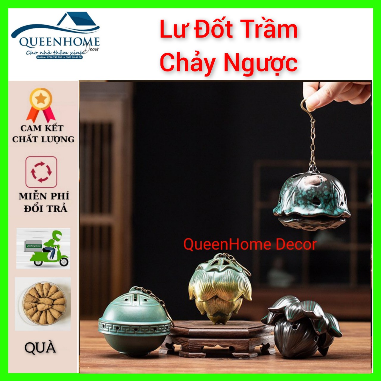 Lư đốt nụ trầm chảy ngược QueenHome, dụng cụ đốt trầm hương, dụng cụ cắm nhang không tăm