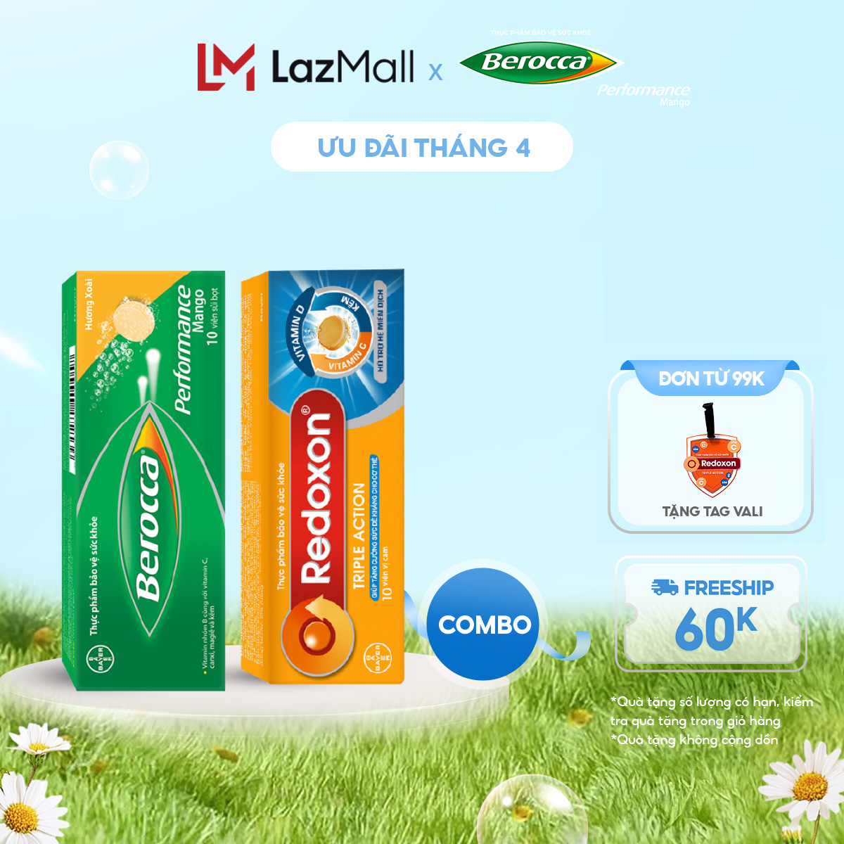 Combo Viên sủi bổ sung Vitamin C, D, và Kẽm Redoxon Triple Action 10 viên & Viên sủi bổ sung Vitamin Berocca Performance Mango 10 Viên