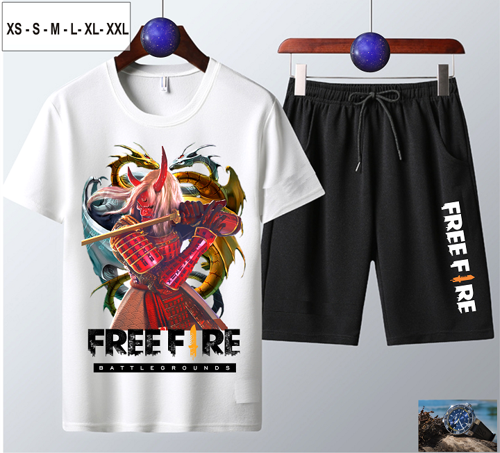 [SIÊU RẺ] Bộ Áo thun + Quần Short nam Free Fire cotton cổ tròn màu trắng cực chất QUỶ KIẾM