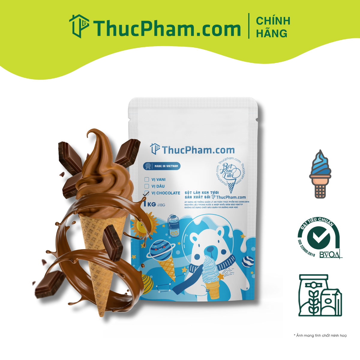 Bột Làm Kem Tươi THUCPHAM.COM Vị Chocolate 1kg - Công Thức Độc Quyền Hương Vị Mới, Không Gắt, Không Hắc