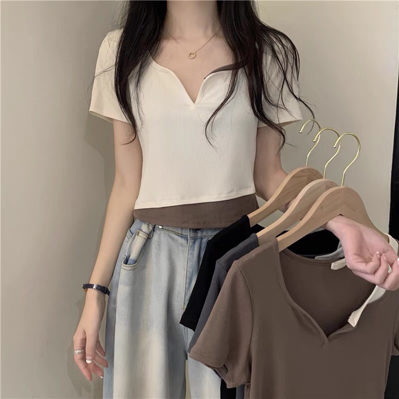 Áo croptop nữ ngắn tay phối màu độc đáo chất liệu len tăm thấm hút mồ hôi tốt áo croptop cổ v cách điệu phù hợp đi chơi