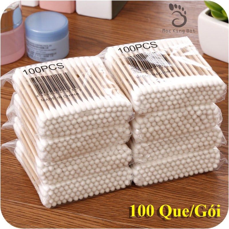 Tăm bông ngoáy tai túi 100 que thân gỗ