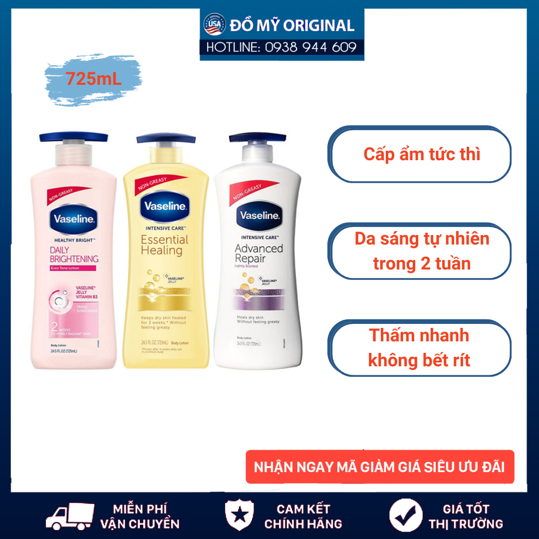 Sữa Dưỡng Thể Vaseline 725ml Trắng Body Lotion Hàng Nhập Mỹ Dưỡng Ẩm Dưỡng Da Giúp Da Luôn Mềm Mại, Mịn Màng Vaseline Dưỡng Thể Mỹ