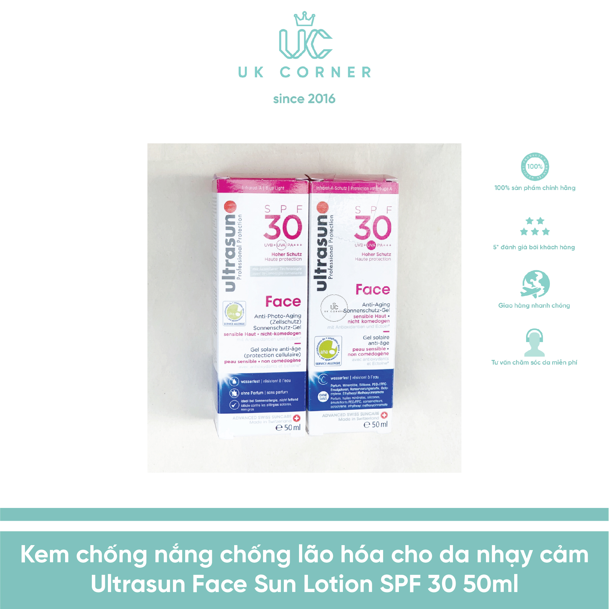 [BẢN MỚI] Kem chống nắng chống lão hóa cho da nhạy cảm Ultrasun Face Sun Lotion SPF 30 (Màu hồng)