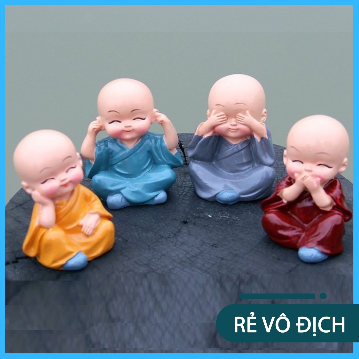 Bộ Tượng Chú Tiểu "Tứ Không" Cầu An, Không Nghe, Không Thấy, Không Nói, Không Làm Điều Xấu - Phật Phong Thủy Trang Trí Bàn Làm Việc, Xe Hơi