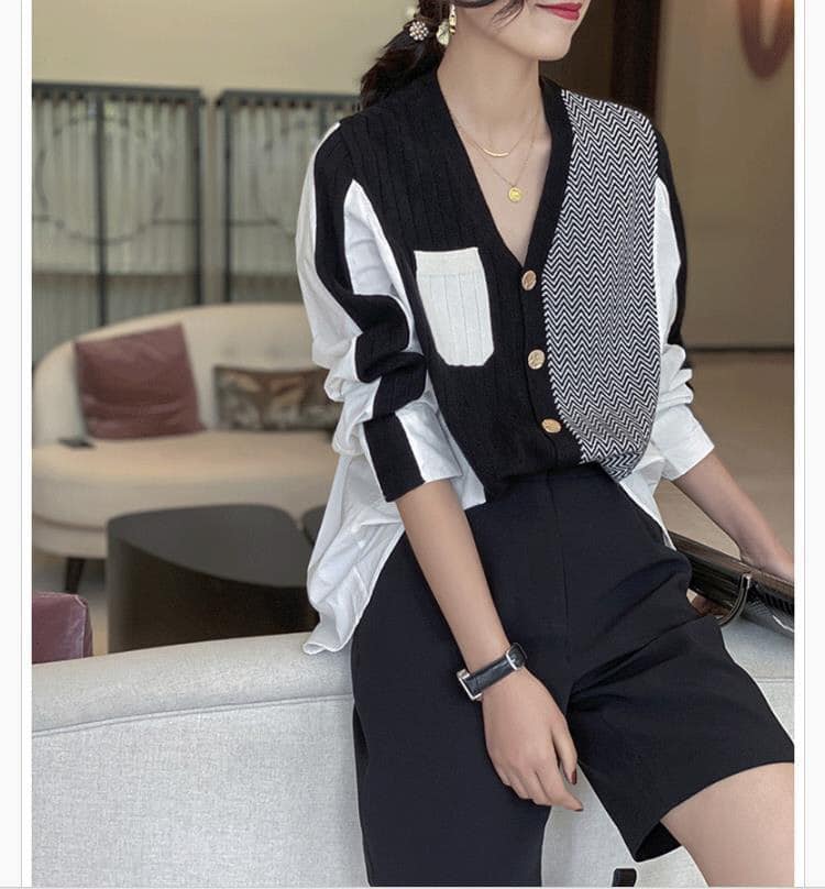 Áo len cổ tim phối sơ mi