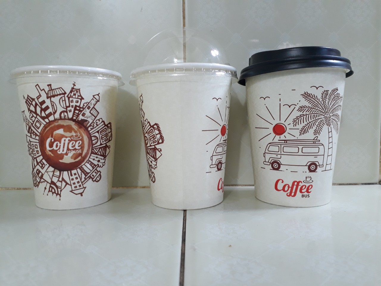 Ly giấy 360ml - 14oz mẫu coffee bus, set 100 cái kèm nắp
