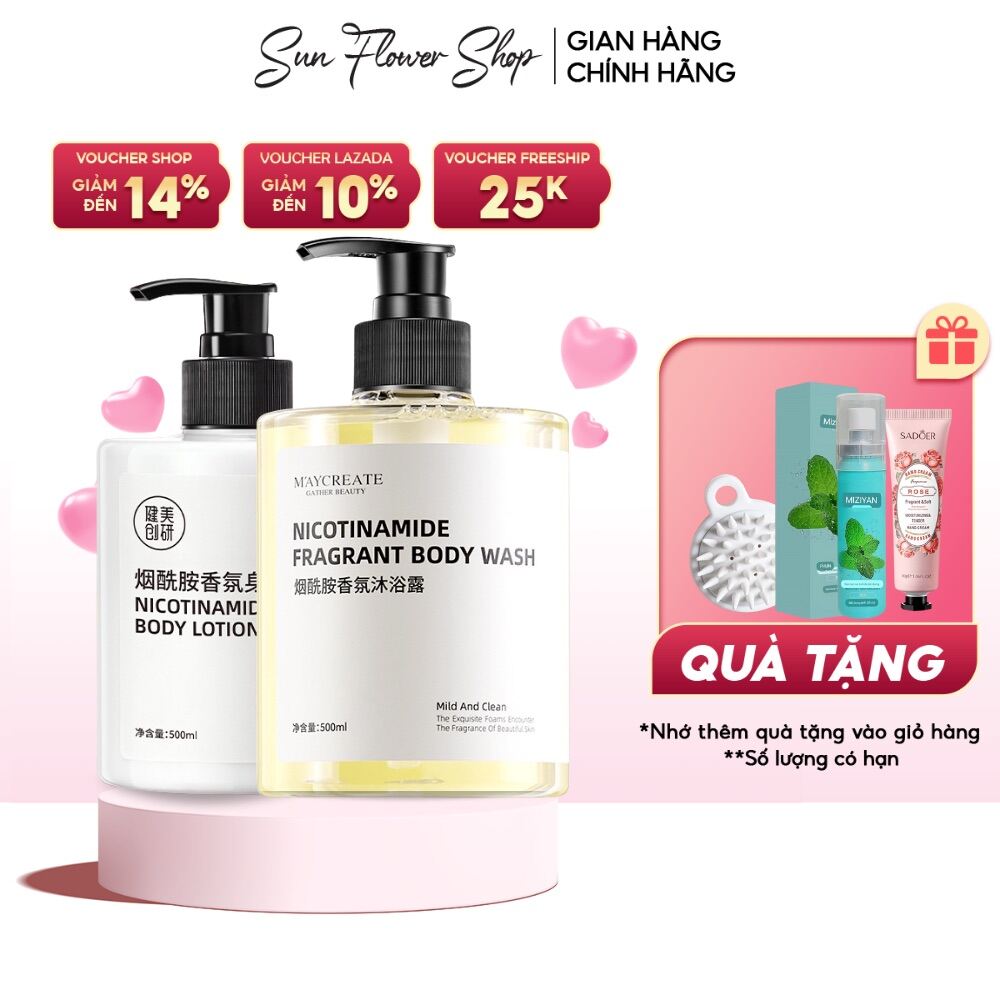 HOÀN TIỀN 15% - [TẶNG LƯỢC MASSAGE] Combo sữa dưỡng thể sữa tắm dưỡng trắng Niacinamide 500ml