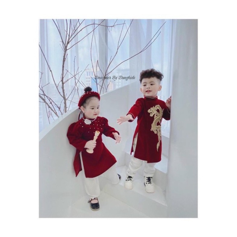 Áo dài nhung đỏ rồng thêu
