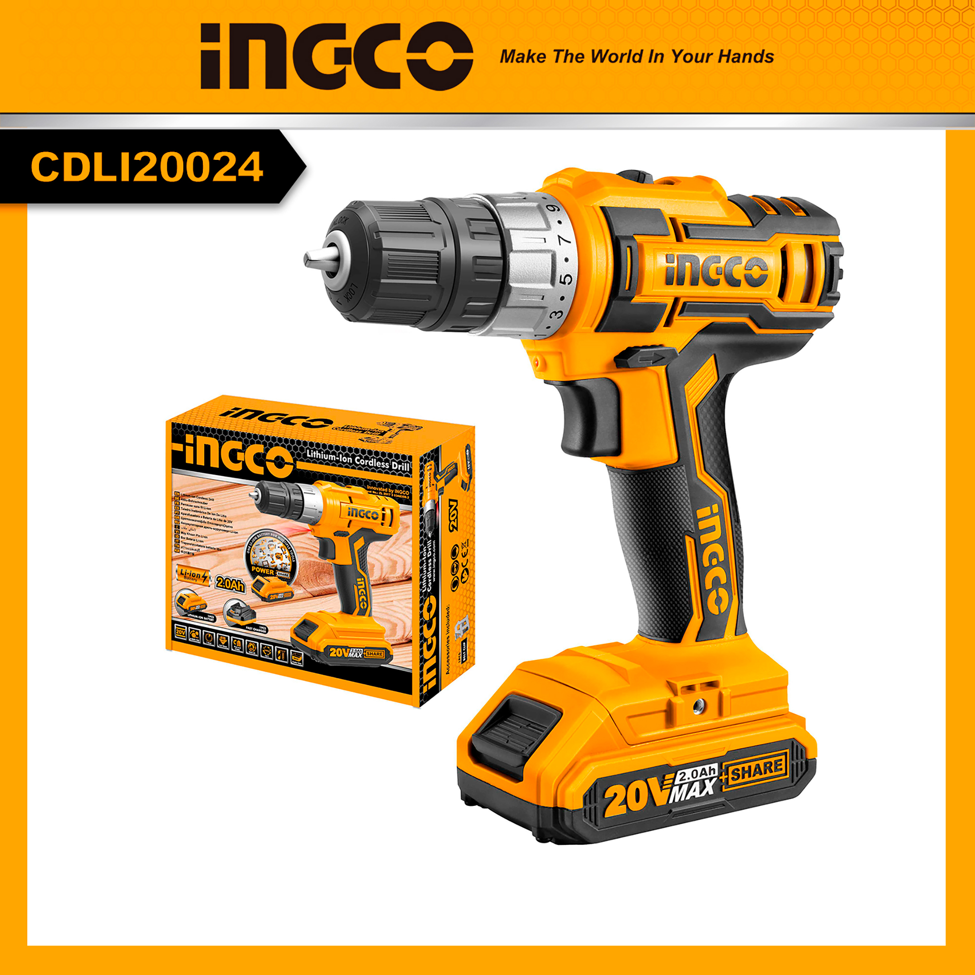 Máy khoan vặn vít dùng pin 20v ingco cdli20024 bao gồm pin 20v và đế sạc