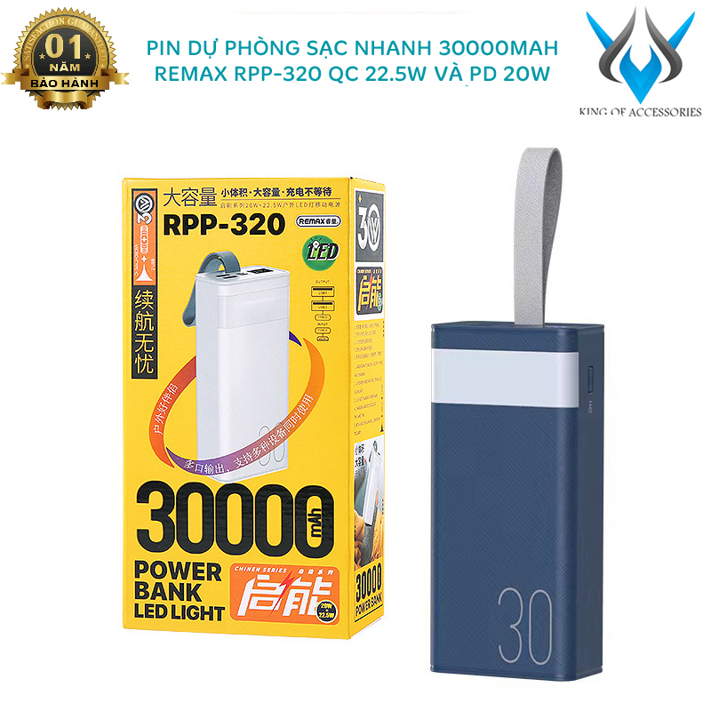  Pin dự phòng sạc nhanh Remax RPP-320 dung lượng 30000mAh có đèn pin - hỗ trợ QC 22.5 và PD 20W  MÀU NGẪU NHIÊN  Phụ kiện 1986 