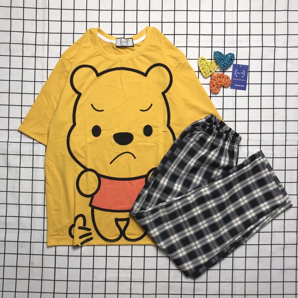 Đồ Bộ Coton Áo Gấu Pu + Quần Ca Rô Ống Rộng Dễ Thương , Đồ Bộ Hoạt Hình , Đồ Bộ Đẹp, Đồ Bộ Nam Nữ Mặc Nhà TTSLB0063