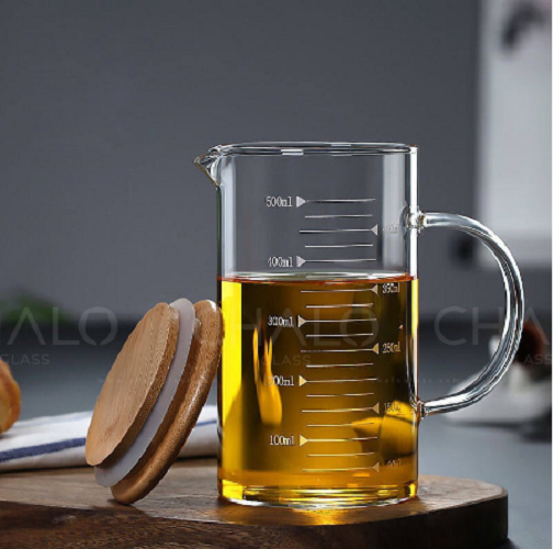 CA RÓT THUỶ TINH CHIA VẠCH KÈM NẮP TRE 500ML, BÌNH RÓT SỮA, CA RÓT SỮA CAFE, BÌNH RÓT THUỶ TINH CÓ CHIA VẠCH