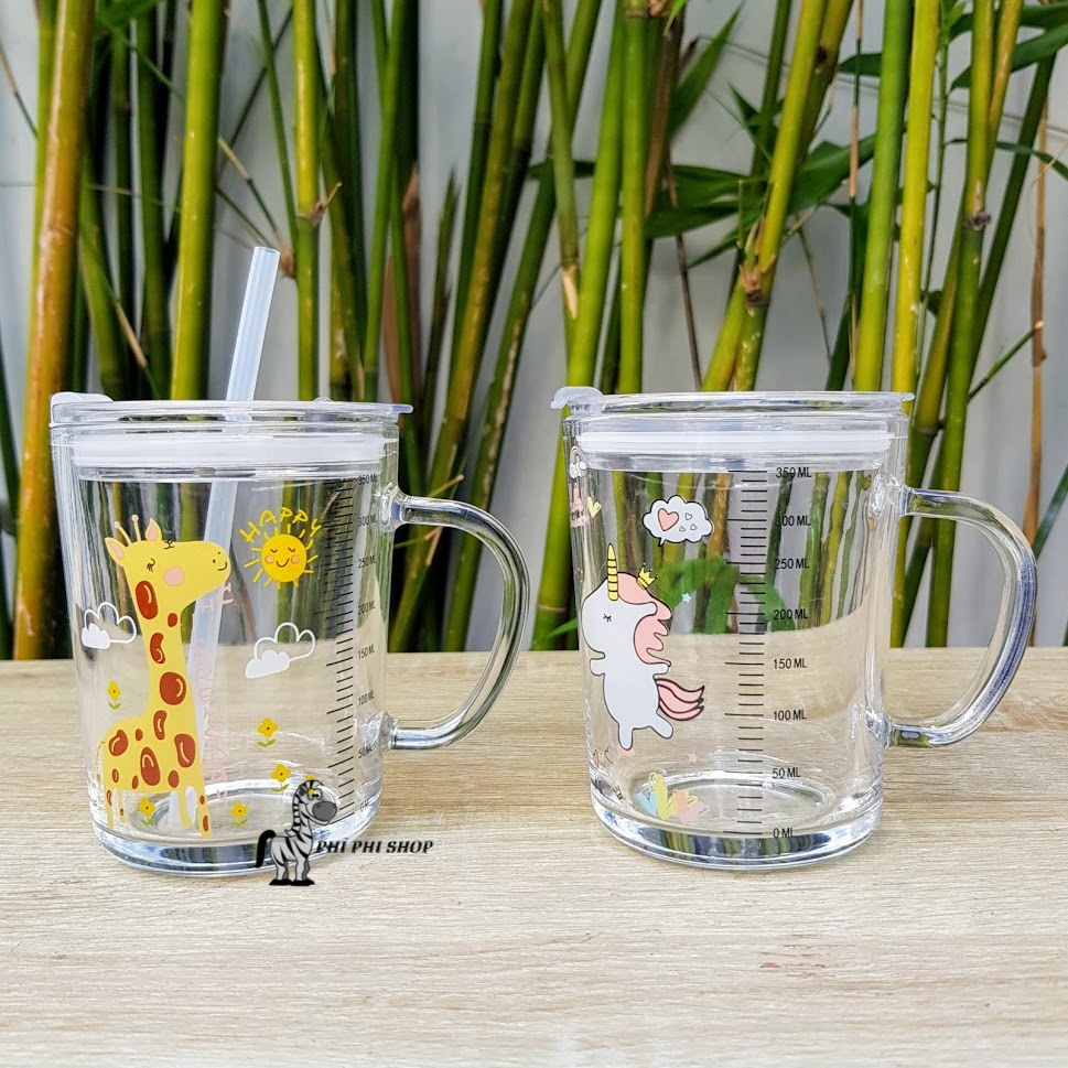 Ly thủy tinh chia vạch pha sữa cho bé 350ml có ống hút nắp kín