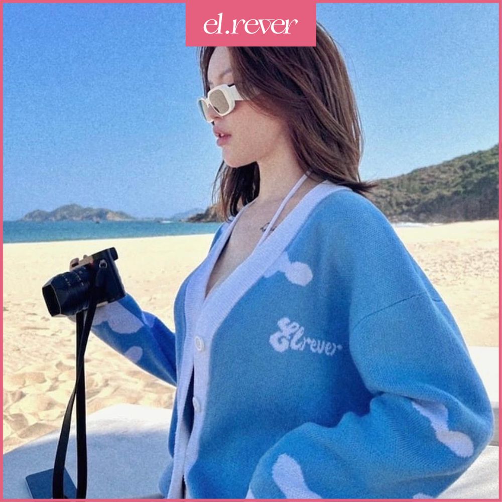 El.rêver - áo cardigan len nữ dệt kim thời trang hoạ tiết đám mây - màu xanh - 0222c01