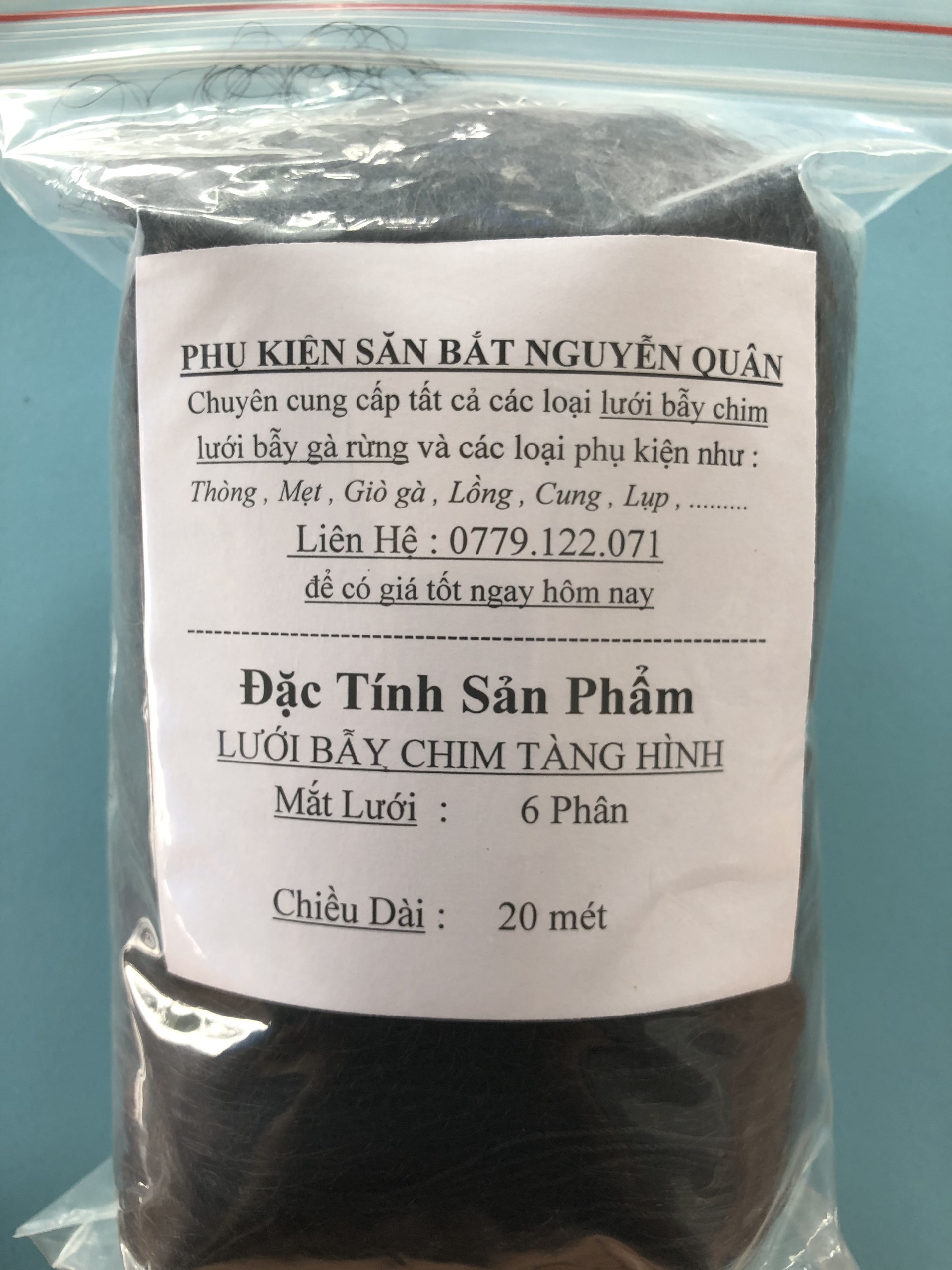 20m Lưới Tàng hình mắt lỗ 6 phân chuyên Bẫy Chim Cu Tiểu, Cu gáy, Cò, Sáo, Vẹt , Két,... lưới cước Thái màu Đen cao 5 mét 4 dây 3 túi đã làm sẵn, mua về sử dụng được ngay