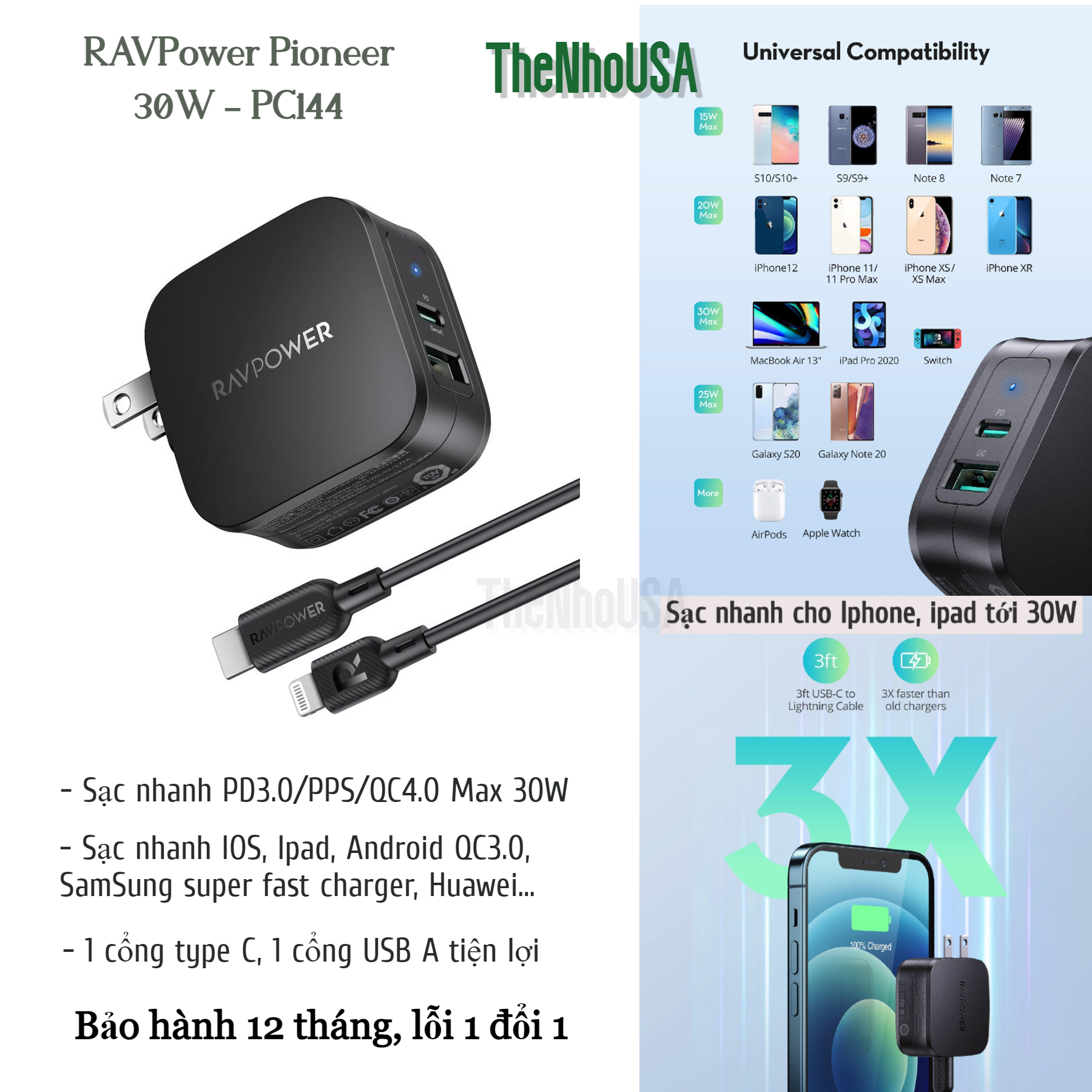 Củ sạc nhanh ravpower 30w - 2 cổng rp - pc144