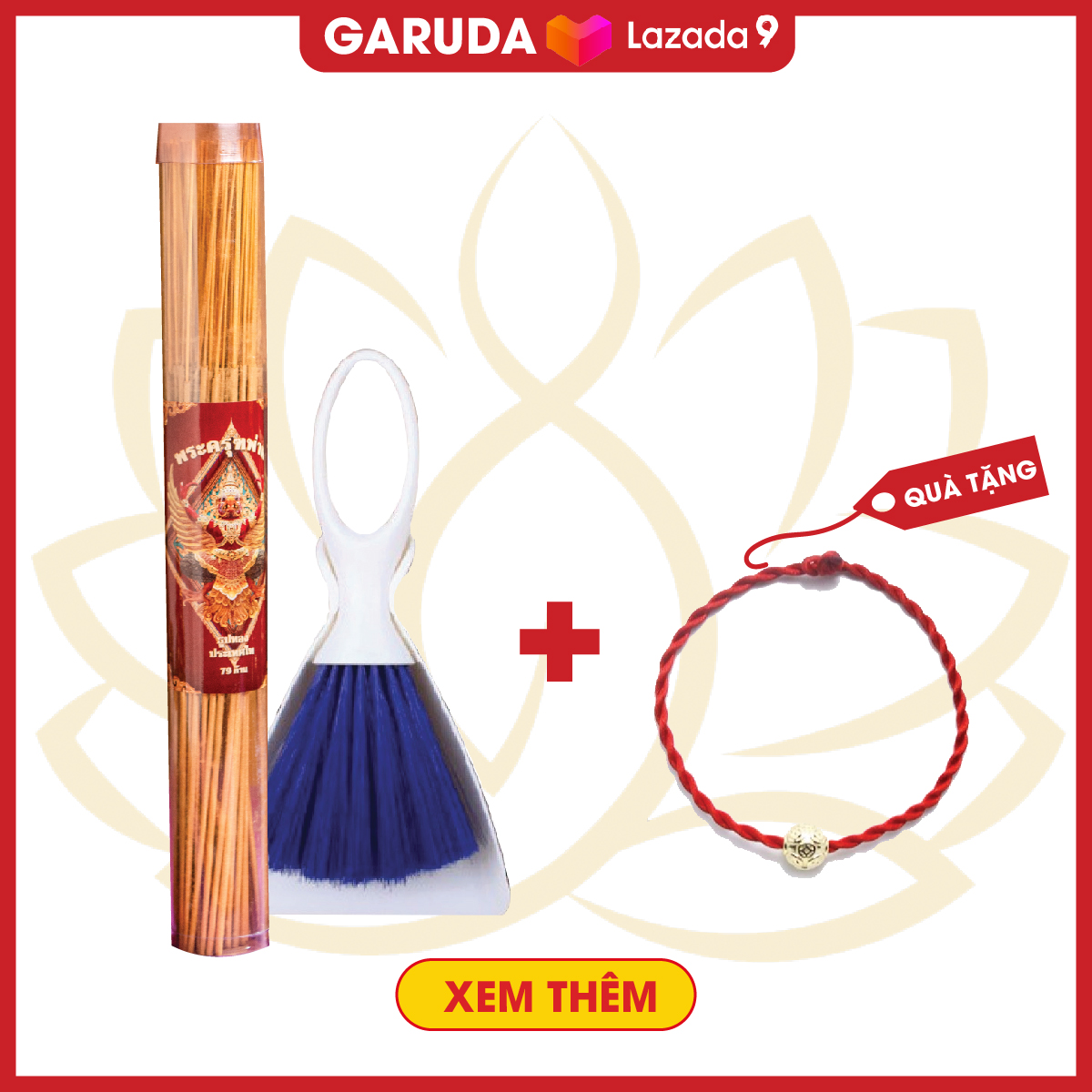 Hương thần tài Thái Lan không khói và chổi quét ban thờ mini, hương thắp không khói hộp 79 nén, thắp hương không khói, không độc, nén nhang cháy đều không tắt, nhang cuộn tàn vàng hình đồng xu, chổi quét nhỏ vệ sinh bụi ban thời.