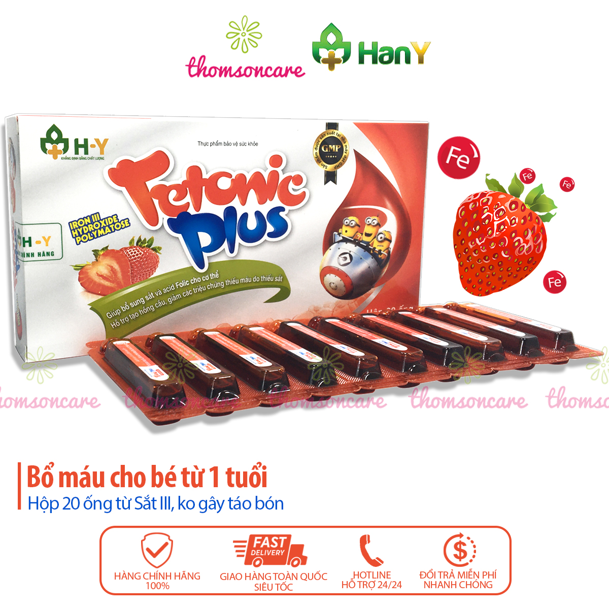 Fetonic Plus - Bổ sung sắt và acid Folic cho bé từ 1 tuổi và bà bầu - Hộp 20 ống siro bổ máu vị dâu cho người lớn, mẹ sau sinh thiếu máu