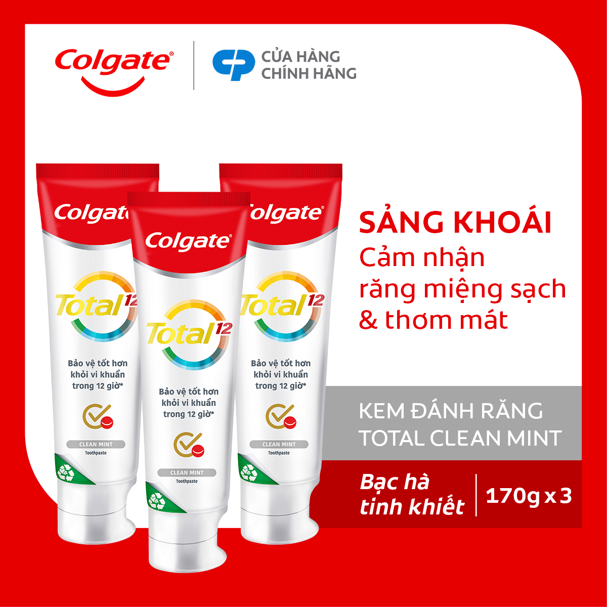 Bộ 3 Kem đánh răng Colgate Total bảo vệ toàn diện 12h 170g/tuýp