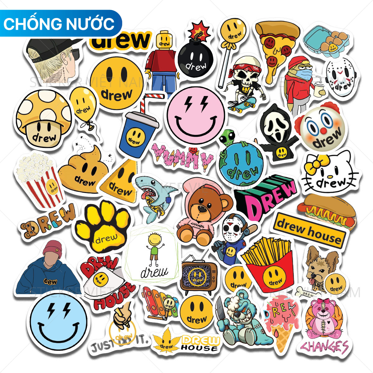 DREW stickers - Chất liệu PVC chất lượng cao chống nước, chống nắng - Kích thước 4-8cm - Decor tường tủ xe, trang trí nón bảo hiểm, laptop, đàn guitar, sổ tay - Sticker Việt Nam