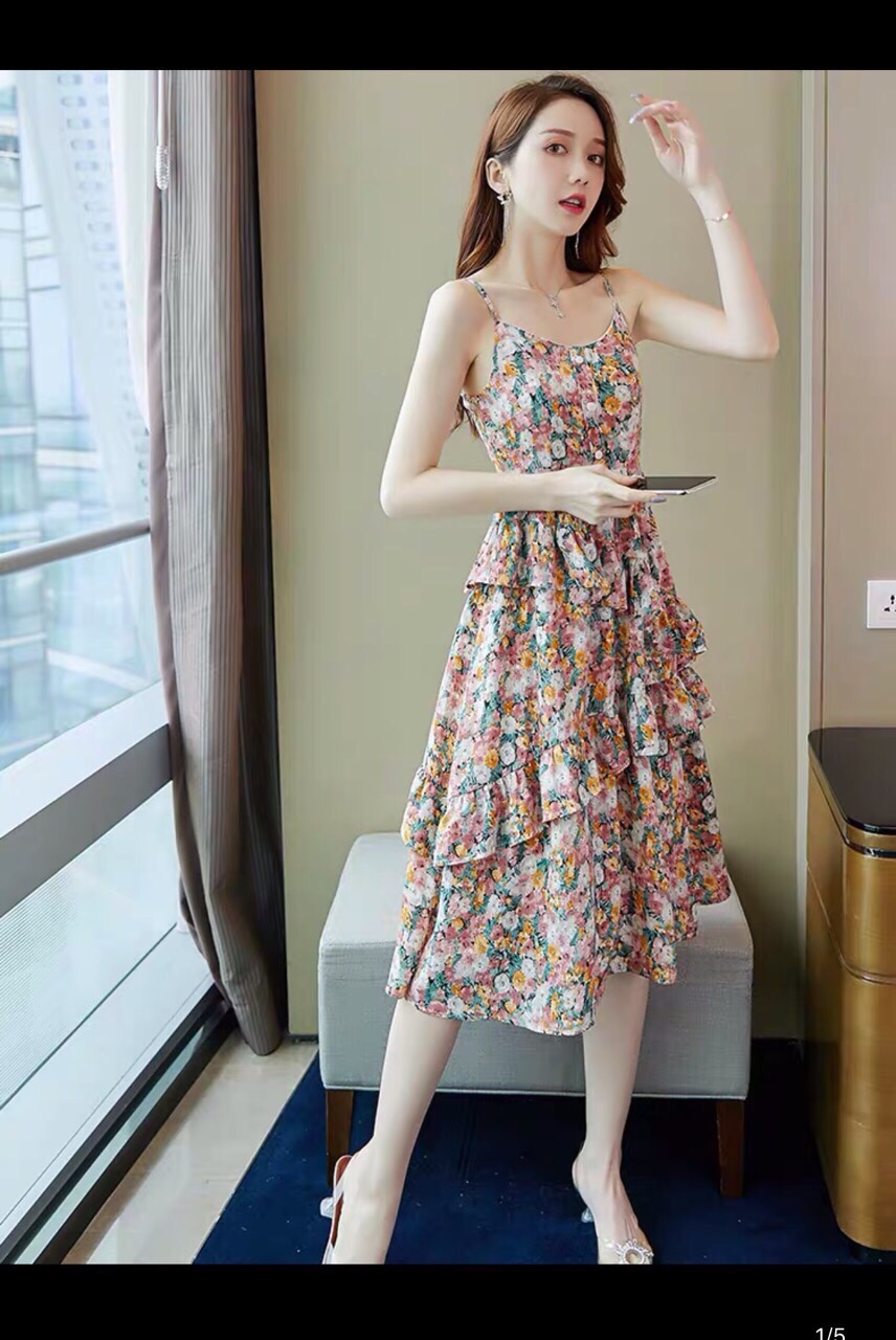 Đầm hai dây tầng họa tiết hoa nhí siêu dễ thương