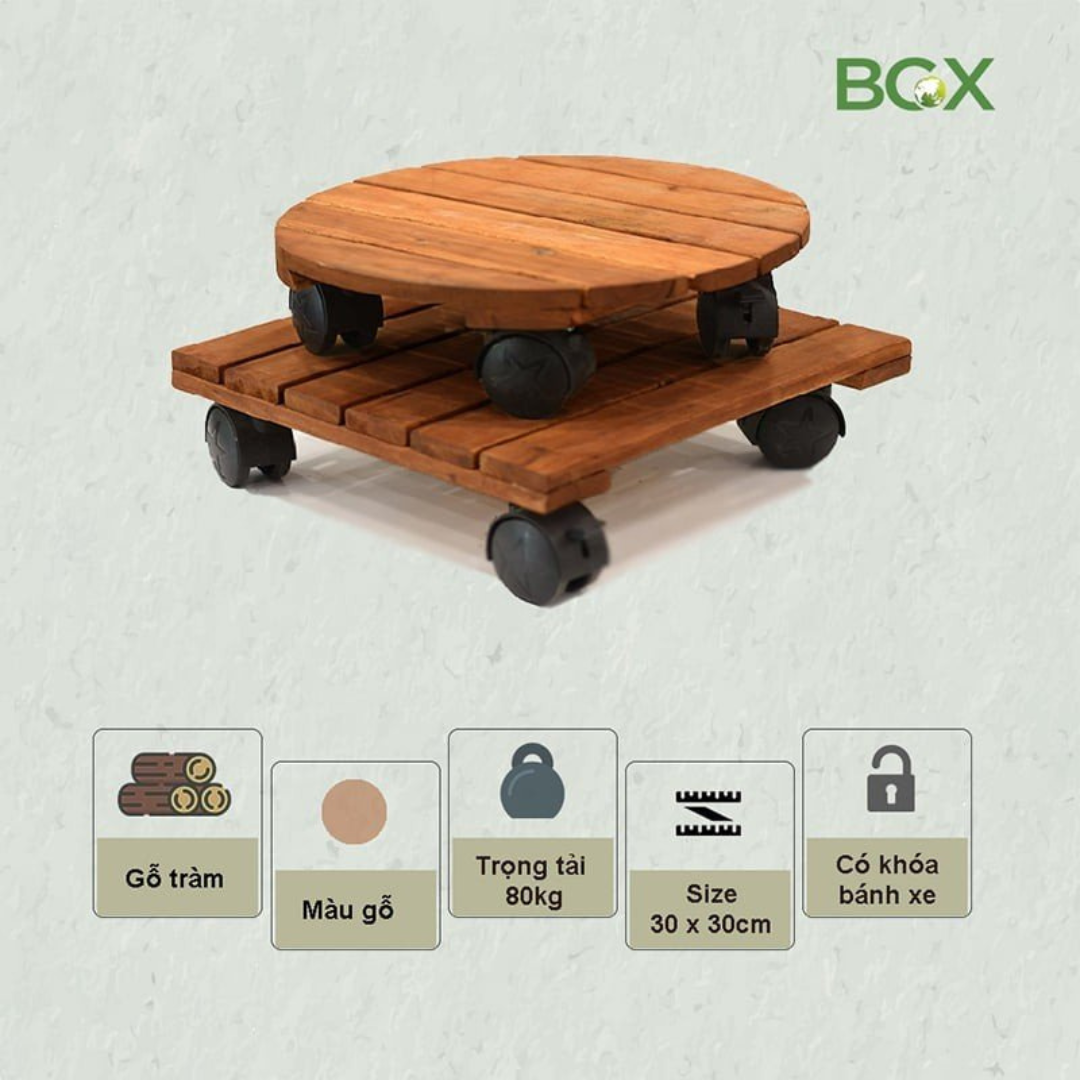 Đế gỗ lót chậu cây có bánh xe chịu lực 80kg