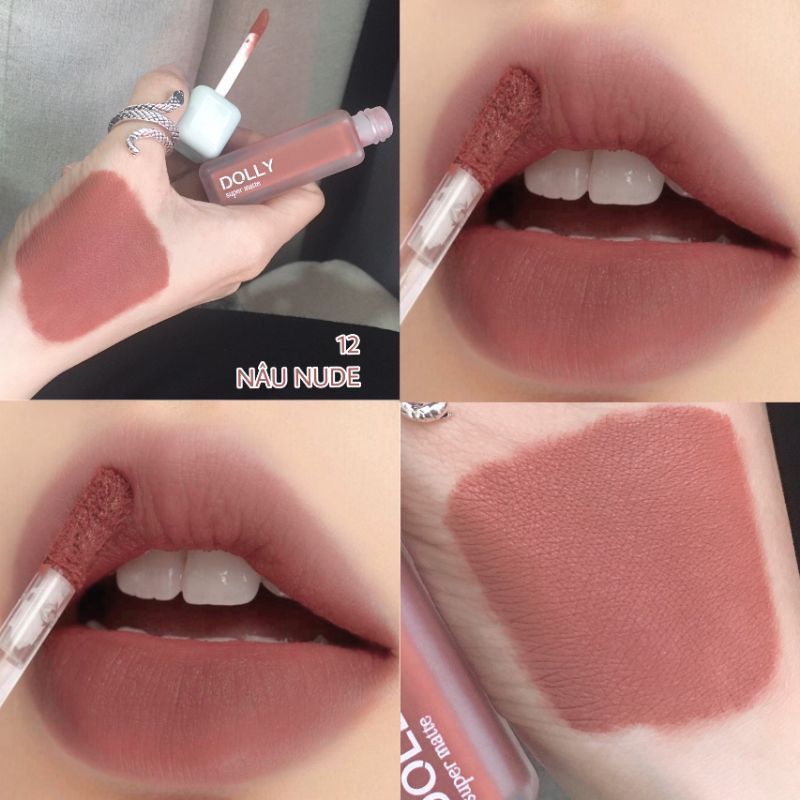 Son kem lì màu nâu nude Dolly super matte, son kem lì không chì bền màu lâu trôi