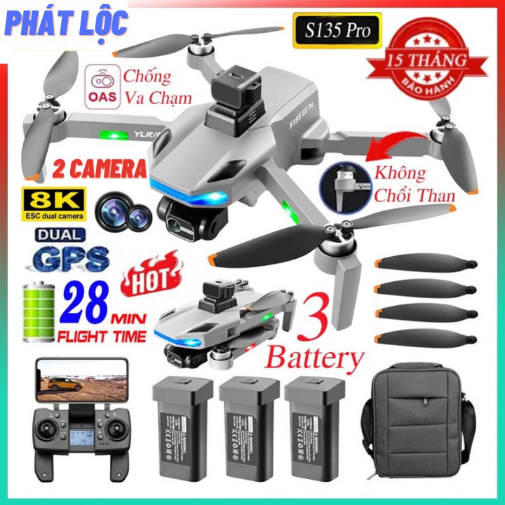 [ Bảo Hành 2 Năm ] Máy Bay Flycam S135 Pro Max Drone Camera 8k Cao Cấp, Cảm Biến Chống Va Chạm, Gimb