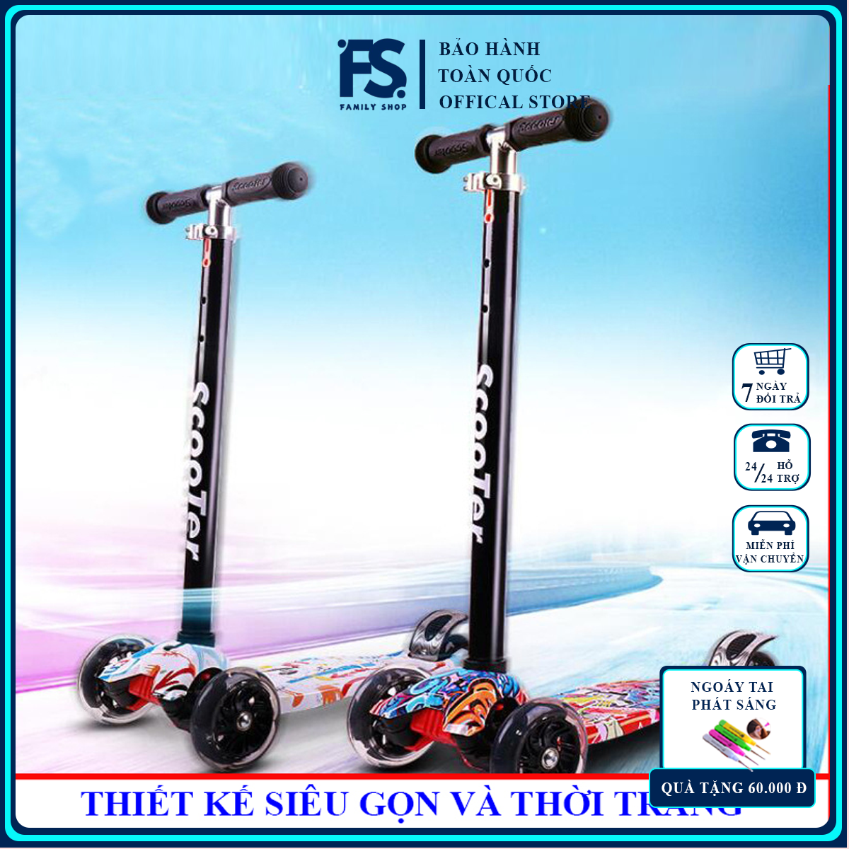 Xe trượt Scooter cao cấp 3 bánh ( có led ) cho trẻ từ 3- 14 tuổi (tải trọng 65kg ), có thể gấp gọn tiện lợi
