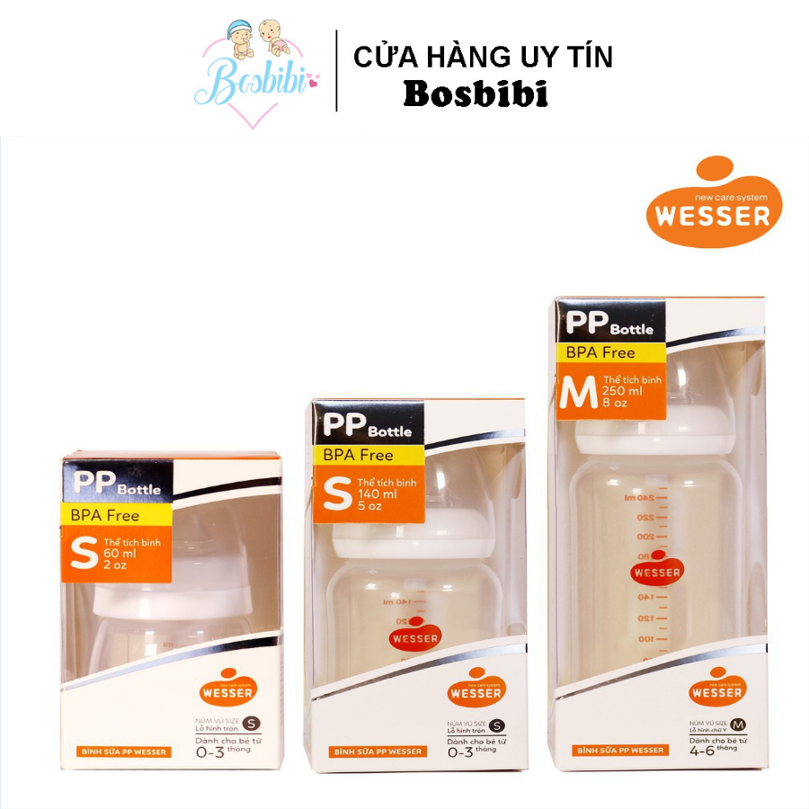 Bình Sữa WESSER Cổ Hẹp PP Bottle Kháng Khuẩn Đủ Size 60ML/ 140ML/ 250ML, Có Van Chống Sặc