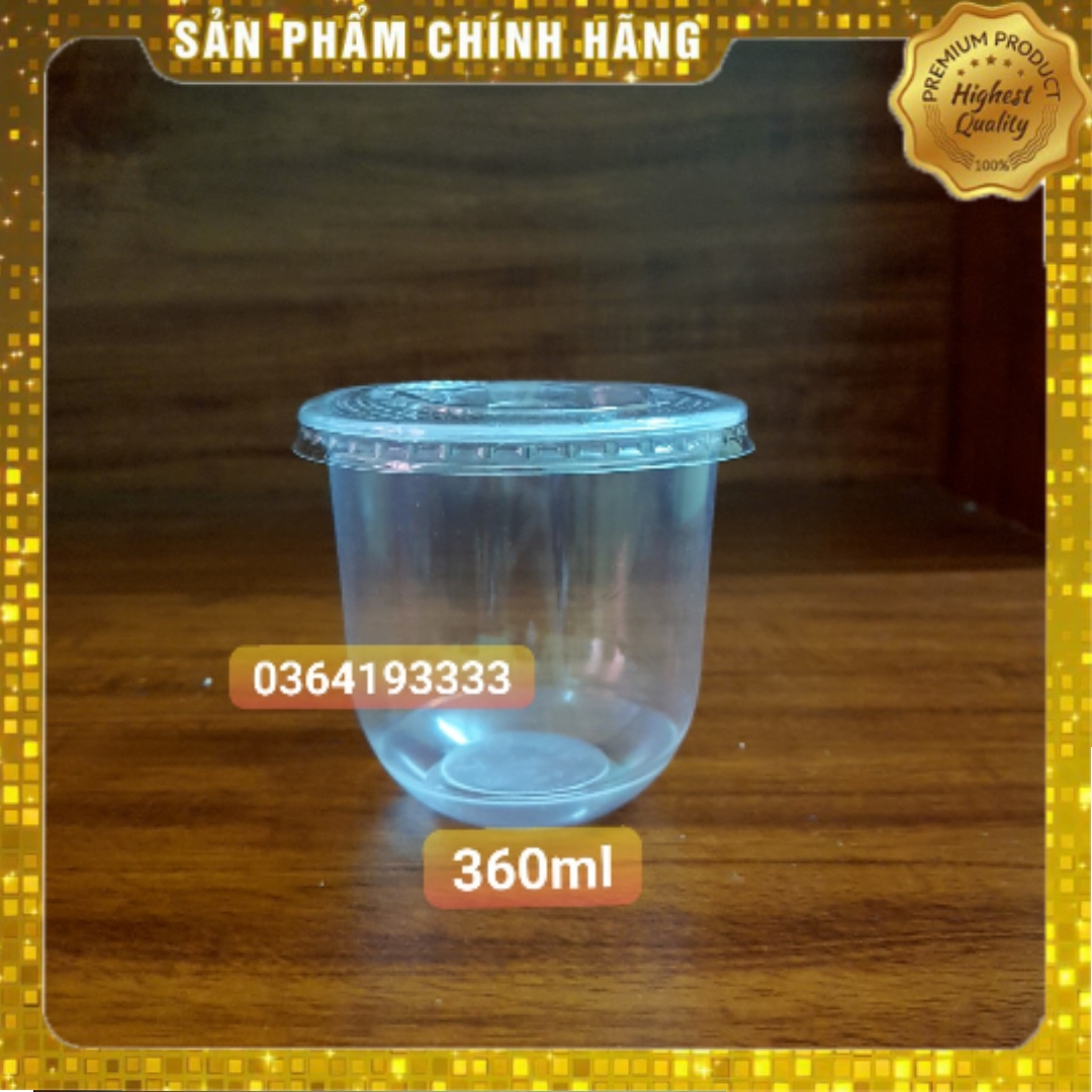 50 Ly nhựa đáy bầu chữ U 360ml đựng tàu hũ kèm nắp