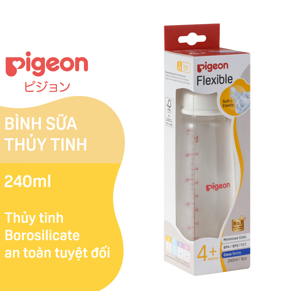 Bình sữa thủy tinh cổ hẹp Pigeon 240ml (M) - 2020