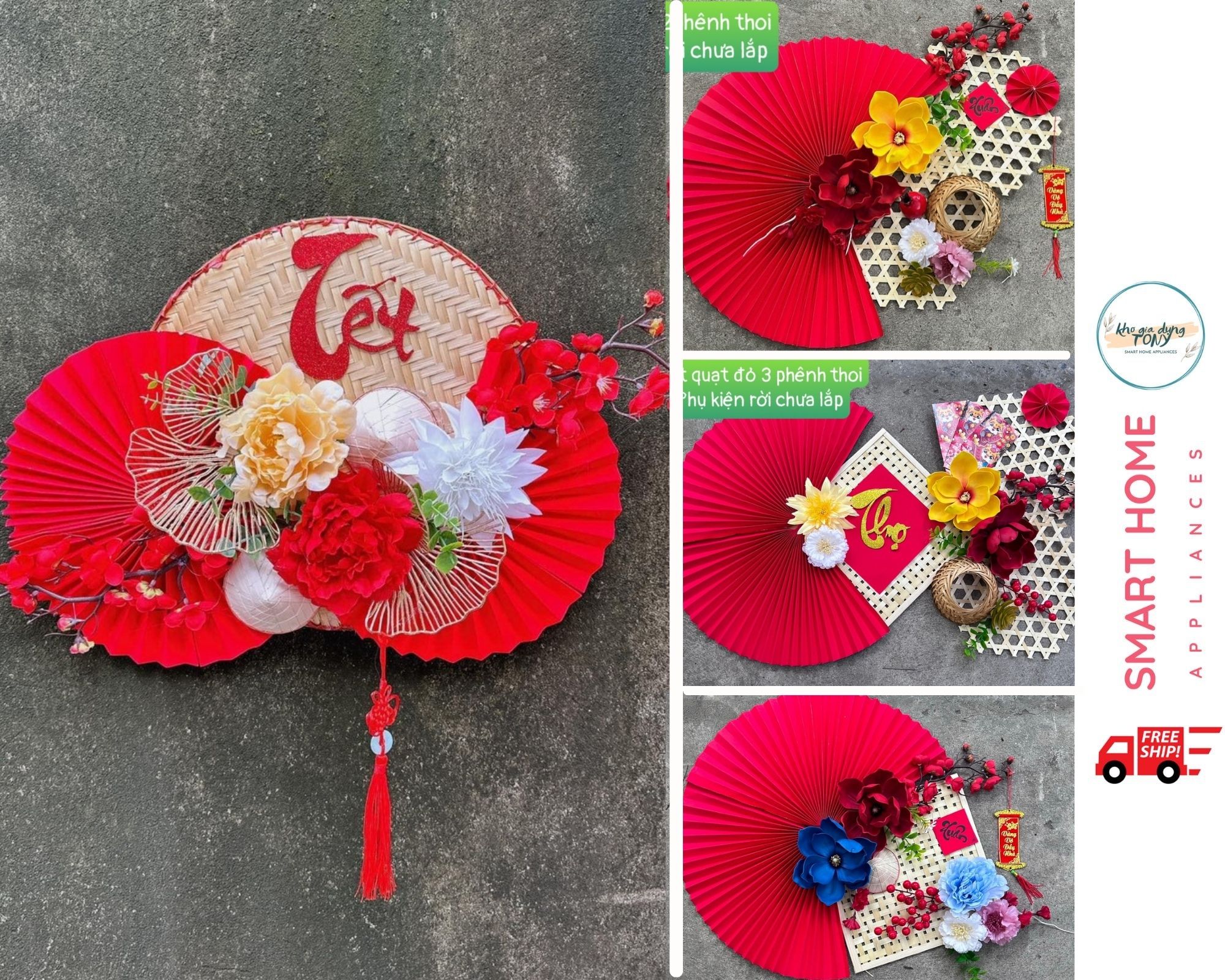 Set quạt giấy đỏ thiết kế sẵn trang trí cao cấp, phụ kiện trang trí nhà ngày Tết, lễ hội, Tết 2024