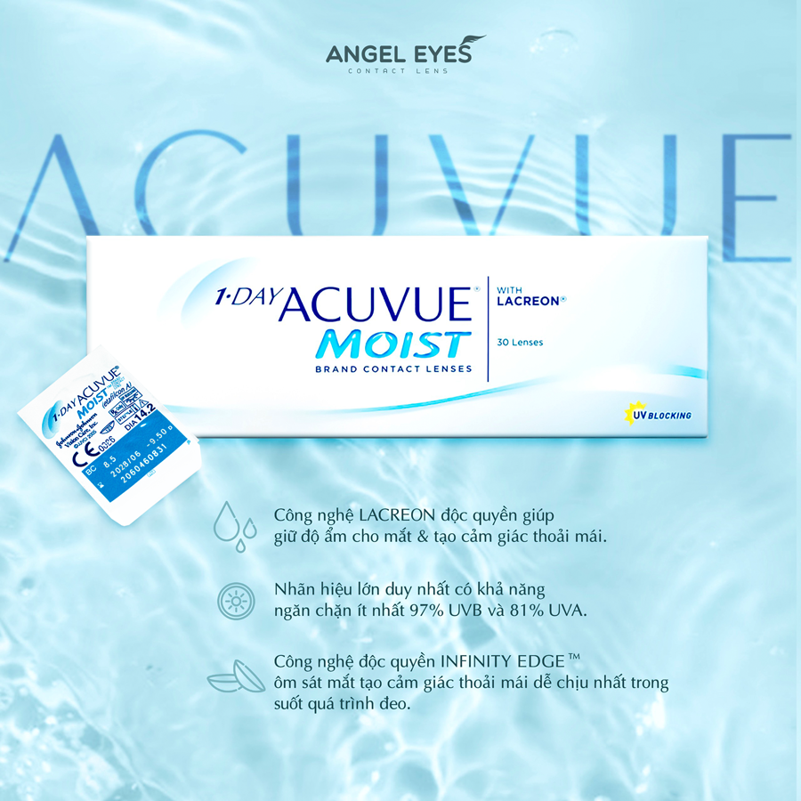 [CHÍNH HÃNG] Lens cận 1 ngày trong suốt Acuvue Moist của Mỹ cho mắt khô & mắt nhạy cảm - Độ cận 1-10 độ | Kính áp tròng trong suốt | Kính áp tròng cận | Lens cận trong suốt | Lens trong suốt có độ | Kính áp tròng cận không màu)