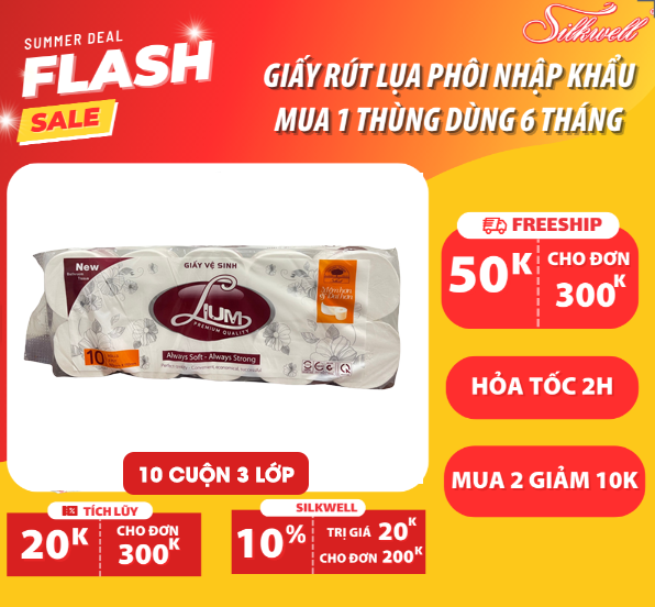 Giấy vệ sinh cao cấp Lium 10 cuộn 3 lớp không lõi mềm mịn không tẩy trắng hàng chính hãng