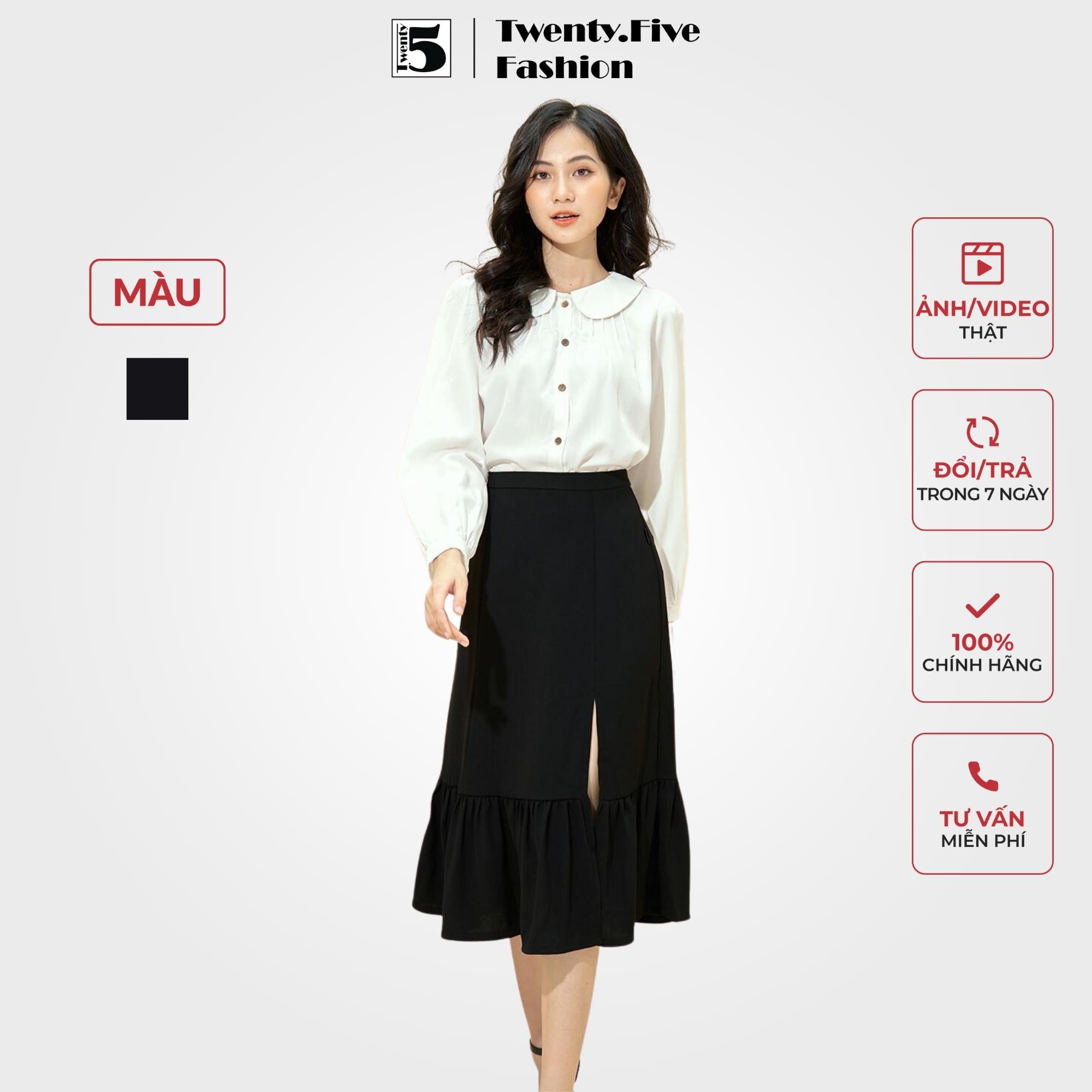 Chân váy công sở nữ dáng xòe, chân váy midi dáng dài, tầng, xẻ trước có bèo TWENTYFIVE N352